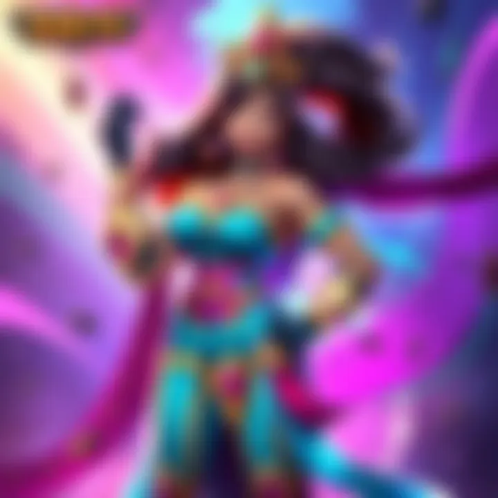 A colorful illustration of Princess Bari showcasing her design and animations, standing confidently with a vibrant background.