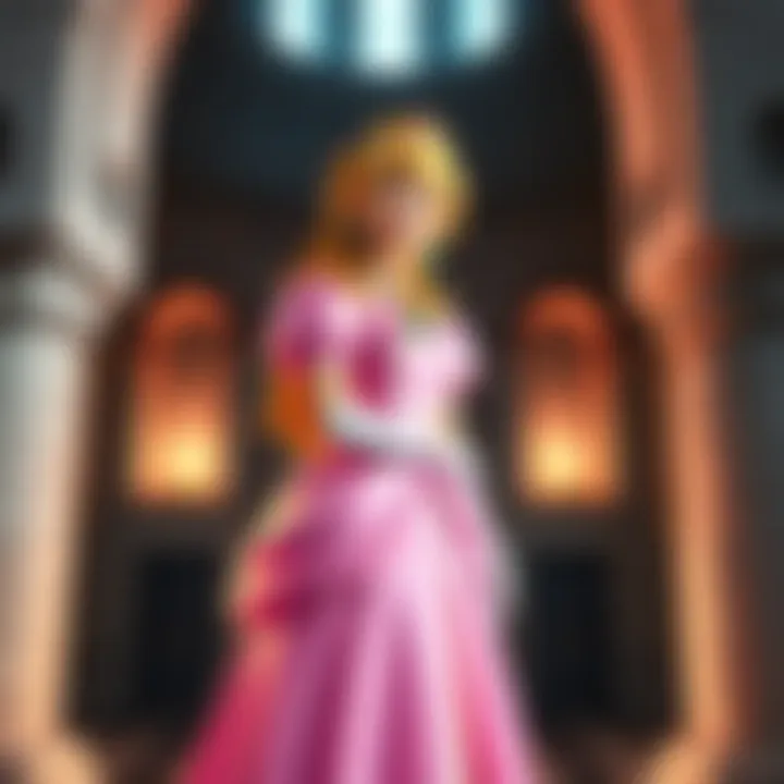Princess Peach standing in her castle, wearing a pink dress and a crown, smiling at the camera.