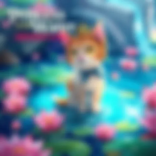 A cute cat exploring a vibrant, illustrated world filled with water lilies and sparkling water.