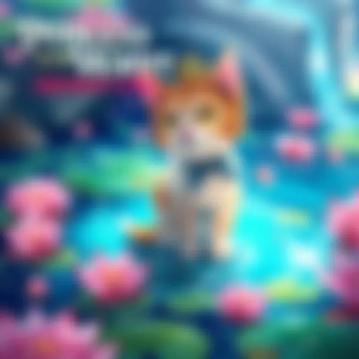 A cute cat exploring a vibrant, illustrated world filled with water lilies and sparkling water.