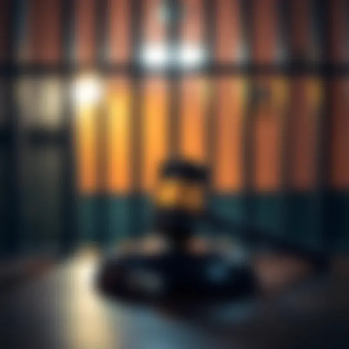 Prison Bars and Gavel A close-up of prison bars with a gavel resting on a table, symbolizing justice and sentencing.