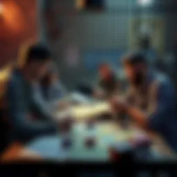 A group of adventurers huddled around a table, discussing strategies for a prison break in a tabletop game, with maps and dice scattered about.