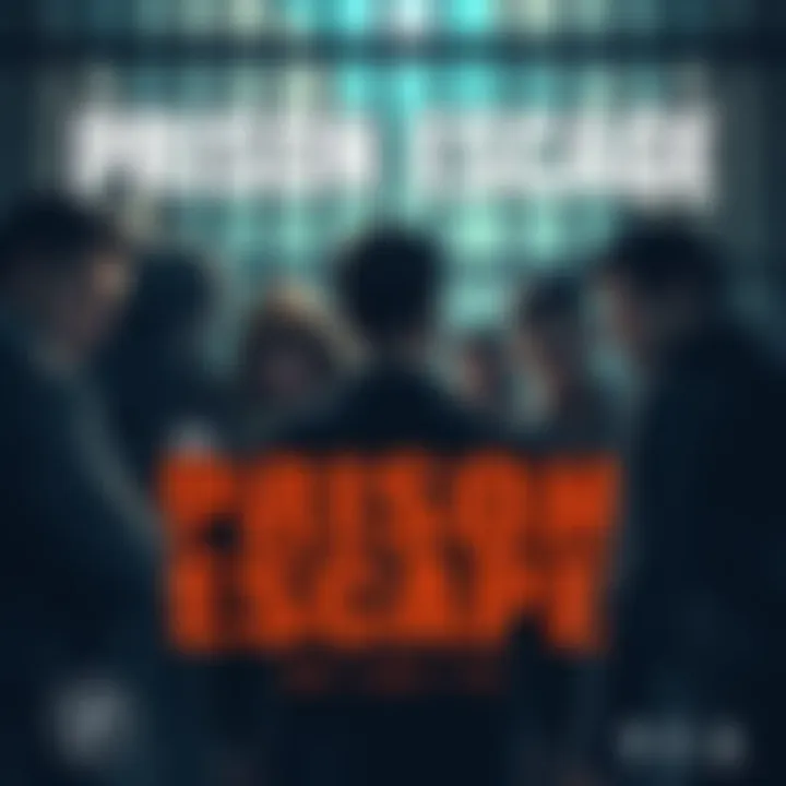 A group of characters planning an escape from a prison with bars in the background, showcasing different characters in a tense situation