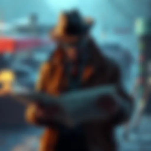 A private investigator examining documents and a map while looking for a game intellectual property holder who is difficult to find.