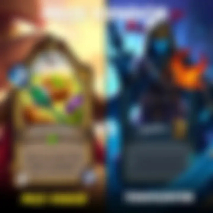 A side-by-side comparison of two game decks, one representing Prize Vendor with sustainability graphics and the other showing Tidehunter with quest symbols.