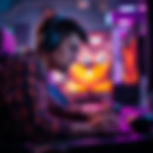 Pro-Gamer in Action A professional gamer intensely focused on gameplay, showcasing advanced techniques on a high-tech gaming setup with vibrant lights.