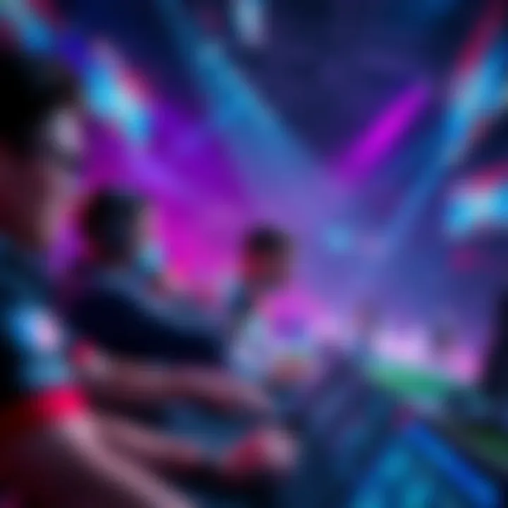 Players competing in the Year 6 Americas Pro League Scrims with a live audience and screens showing scores.