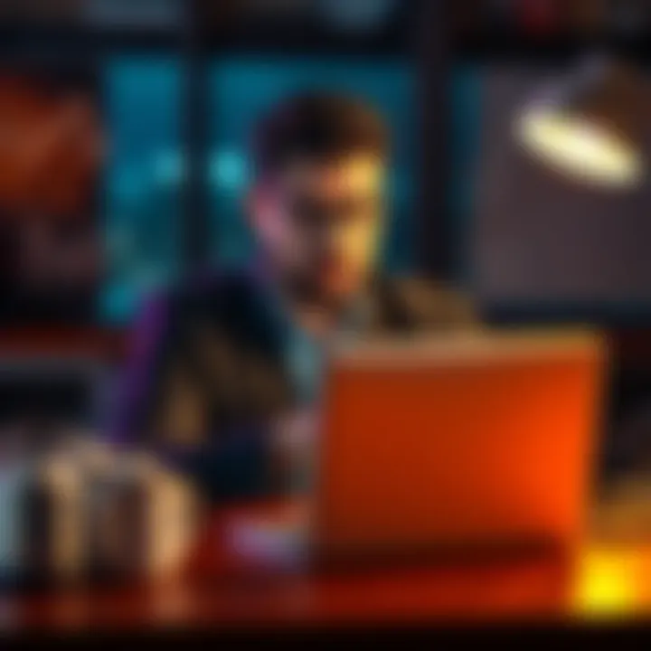 A person with a critical expression sitting at a desk with a laptop, reviewing comments and critiques.
