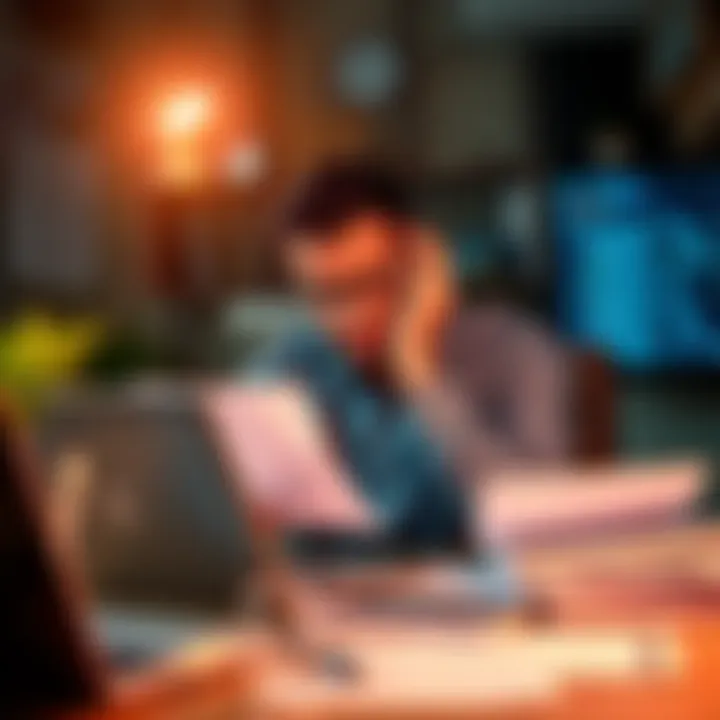 Professional struggling with finances A person sitting at a desk with a laptop, looking stressed while reviewing bills and financial documents, representing the challenges of solo careers in competitive fields