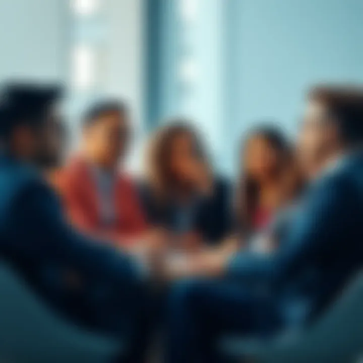 A group of diverse professionals engaged in a discussion about recognition in their field.