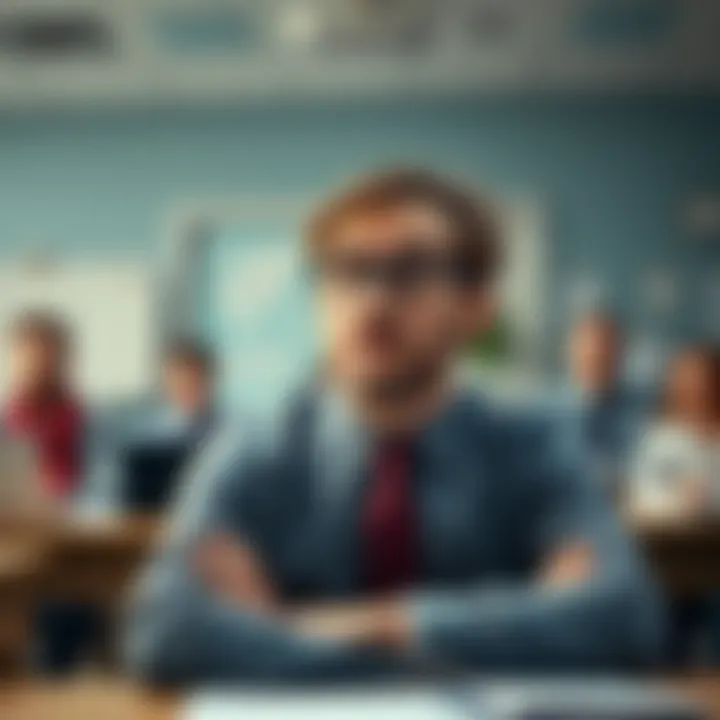 A professor looking puzzled and surprised in a classroom setting after a humorous incident