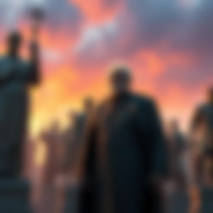 Professor Fig stands prominently among various statues, emphasizing his influence in the scene.