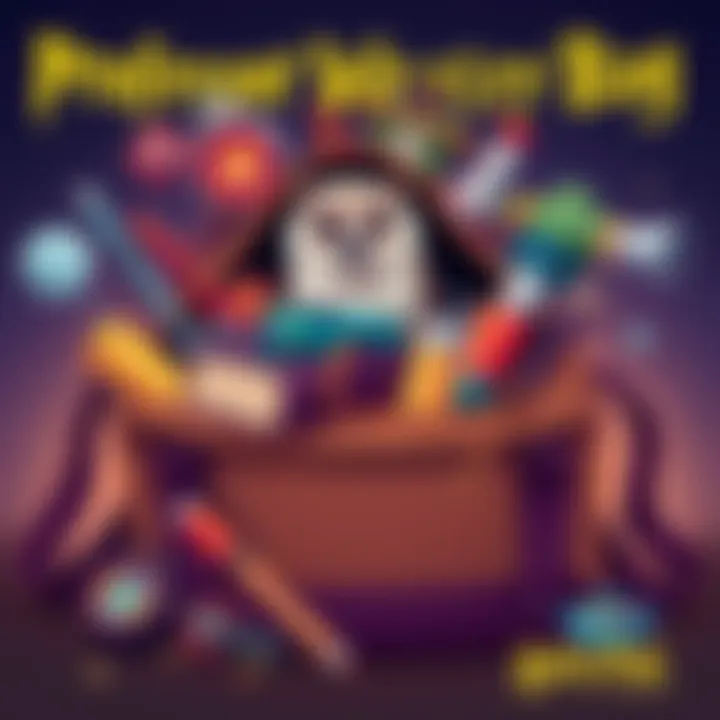 Professor Weasley's School Bag Contents A whimsical illustration of a colorful school bag overflowing with strange items like magical books, quirky gadgets, and a pet owl peeking out.