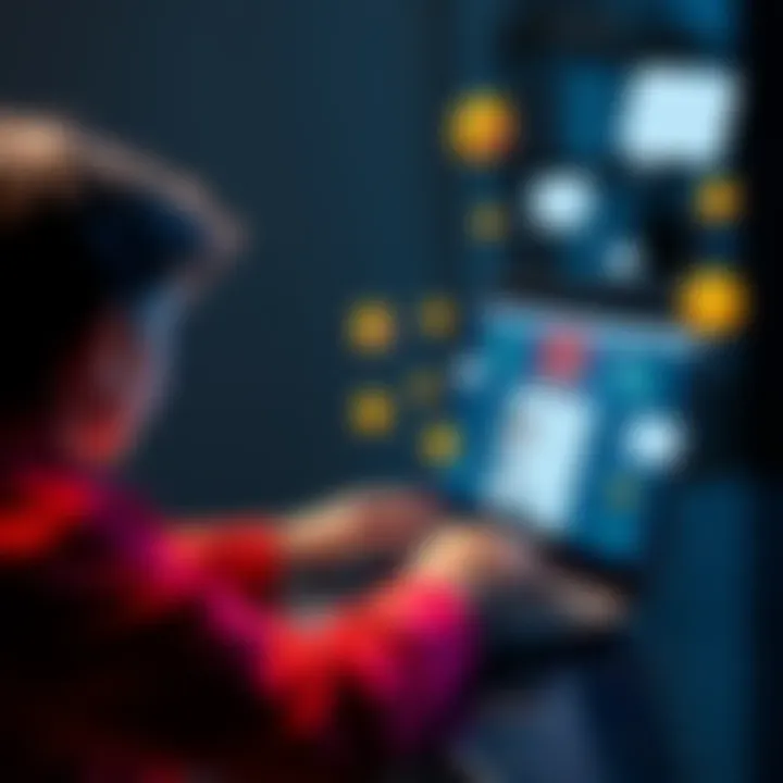 A person viewing their online profile on a laptop with chat bubbles and emojis around, indicating social engagement.