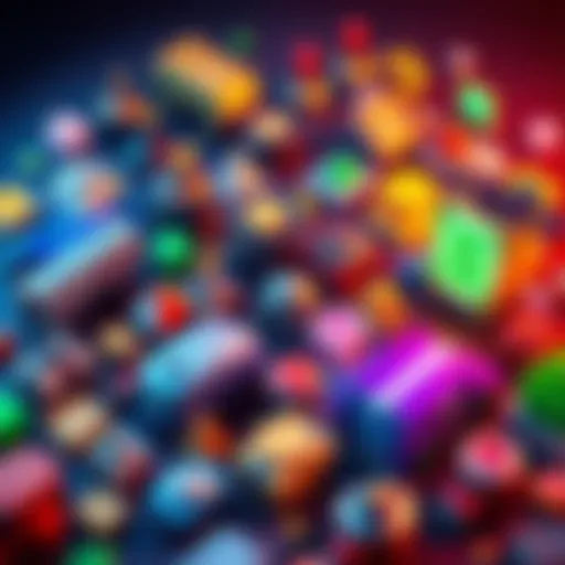 A collection of game icons representing various progression-based gameplay elements like delivery trucks, upgrade symbols, and collecting rewards.