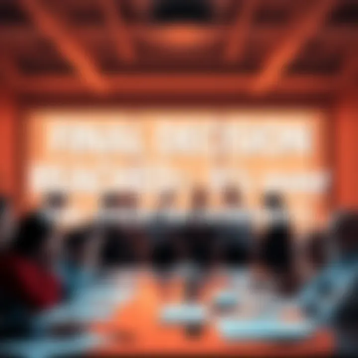 A group of people gathered around a table discussing the end of a project, with papers and charts on the table.