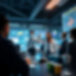 A team of professionals discussing Project C3 strategies at a modern workspace with digital screens displaying data