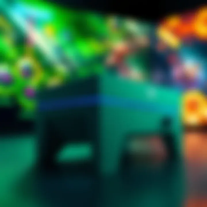 Project Helix Console A futuristic gaming console design representing Xbox's Project Helix, showcasing sleek lines and a modern aesthetic, with a backdrop of vibrant gaming graphics on a screen.