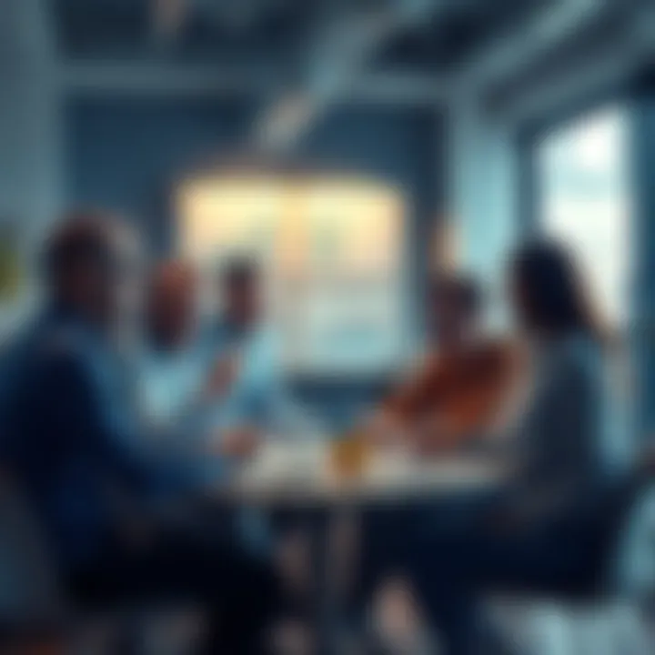 A group of people discussing Project Silverfish with charts and notes in a casual meeting space