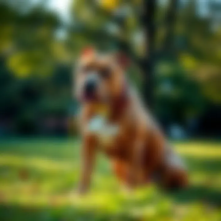 A Promised Consort Pitbull sitting in a grassy park, showing its features and posture