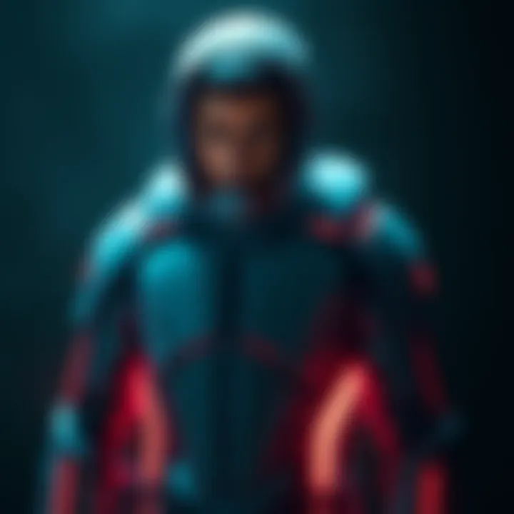 A figure in a futuristic nano suit showing signs of infection, looking distressed and weakened, with a dark background hinting at danger.