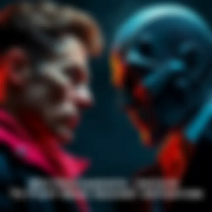 Protagonist and Antagonist Standoff A protagonist looks conflicted while facing a powerful antagonist with a smug expression in a tense moment of confrontation.