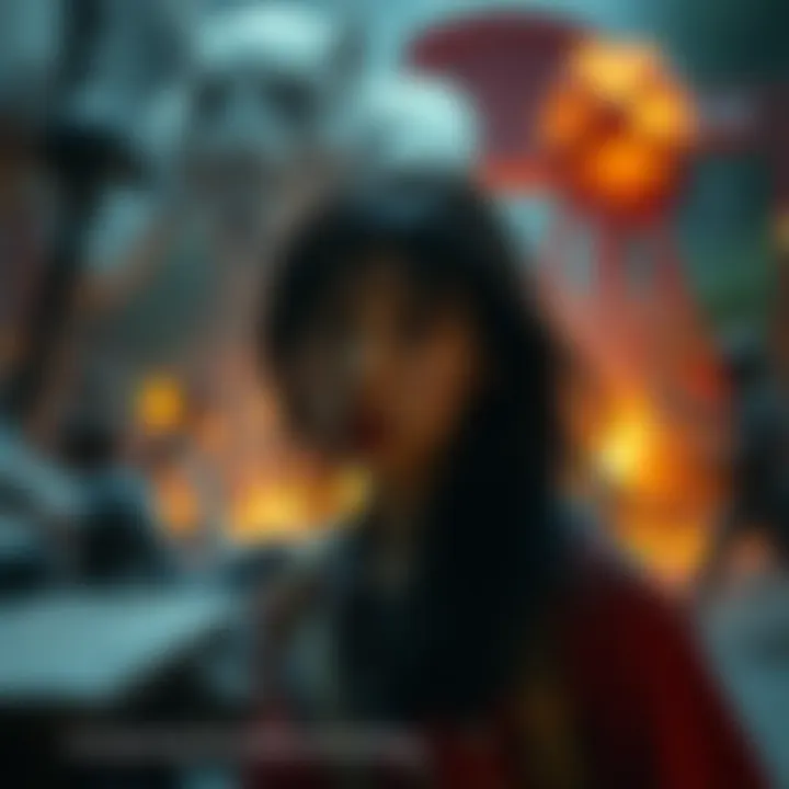 A female character looks surprised and contemplative, reflecting on her journey. The background hints at a chaotic scene, symbolizing her struggles and revelations.