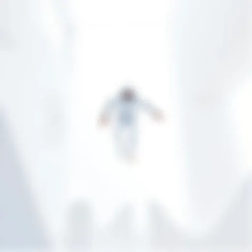 A character in a white tracksuit performing parkour moves in a bright, all-white landscape with abstract shapes.
