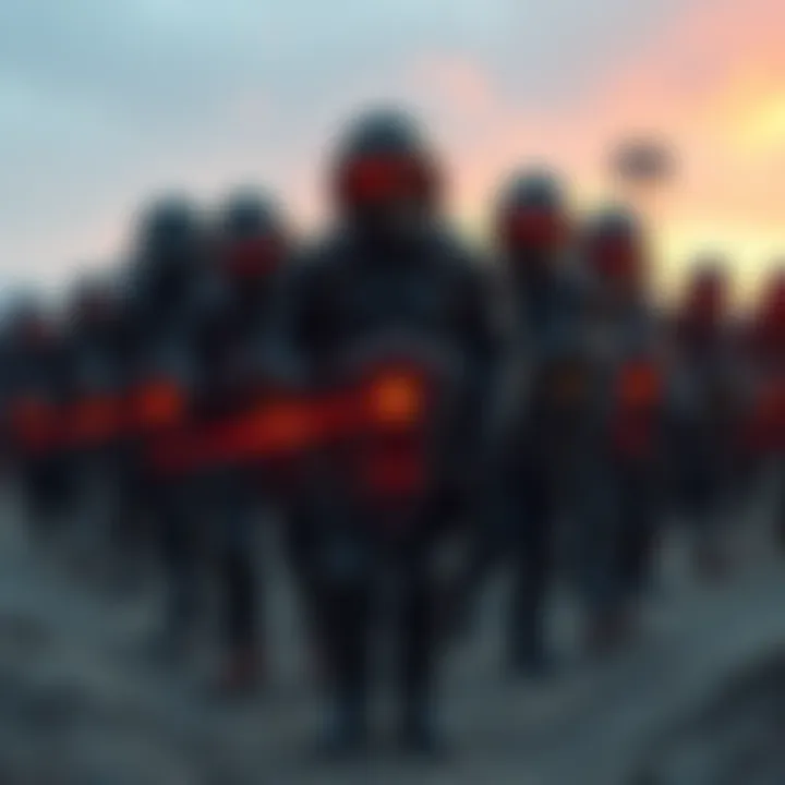 A group of people holding shields and standing together to protect their community from threats.