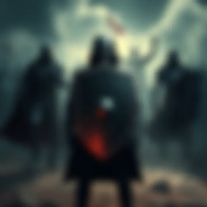 A person stands with a shield symbolizing protection, while shadowy figures loom in the background, representing adversaries. The scene conveys a tense choice between safety and confrontation.