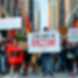 A diverse group of individuals holding signs and banners during a protest against racism in a city street.