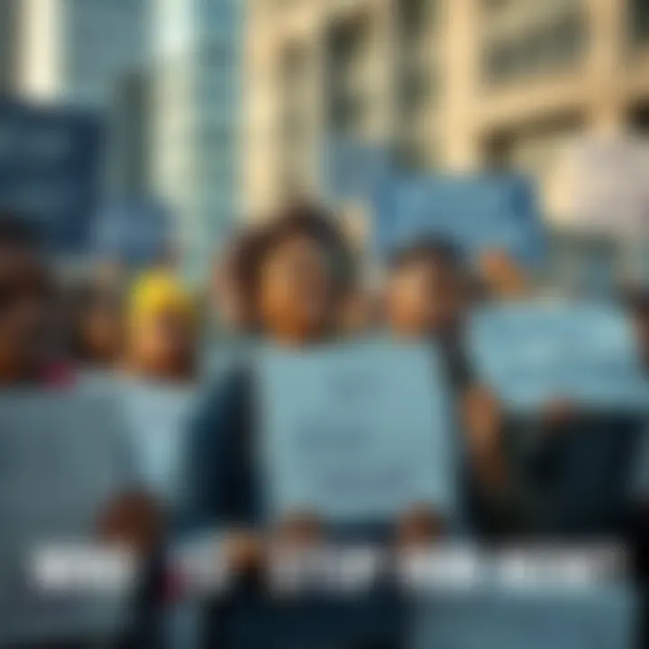 A group of diverse protesters holding signs demanding action, with determined expressions on their faces in an urban setting