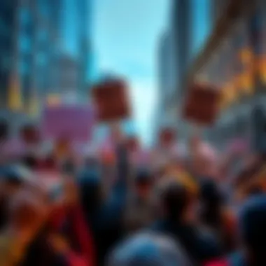 Crowd of protesters raising signs and shouting slogans for change in a city street.