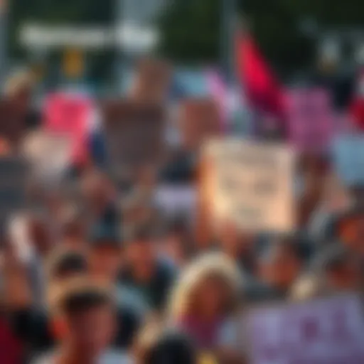 A diverse group of people holding signs and chanting in a rally for change, showing solidarity and urgency for their demands.
