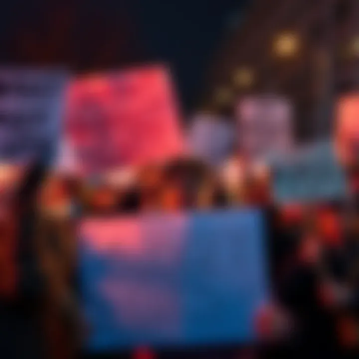 People holding signs during a protest about budget cuts, showing anger and concern for community impact.