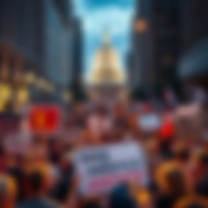 Crowd holding signs in protest, demanding justice for the Minnesota killing, set against a backdrop of a city street