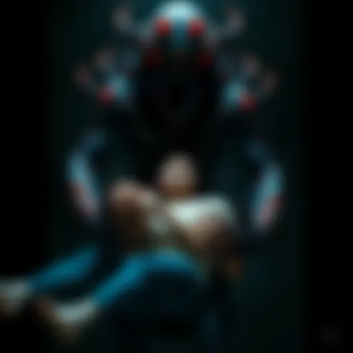 A Proto-Gravemind in a dark environment, keeping a captive alive, showcasing a blend of organic and mechanical features. The victim appears fearful and restrained, highlighting a tense atmosphere.