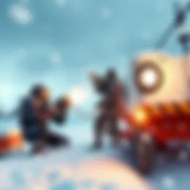 A person aiming the Sleigher, a snowball-launching prototype, in a winter setting with snow on the ground