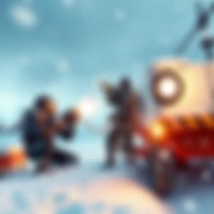 A person aiming the Sleigher, a snowball-launching prototype, in a winter setting with snow on the ground