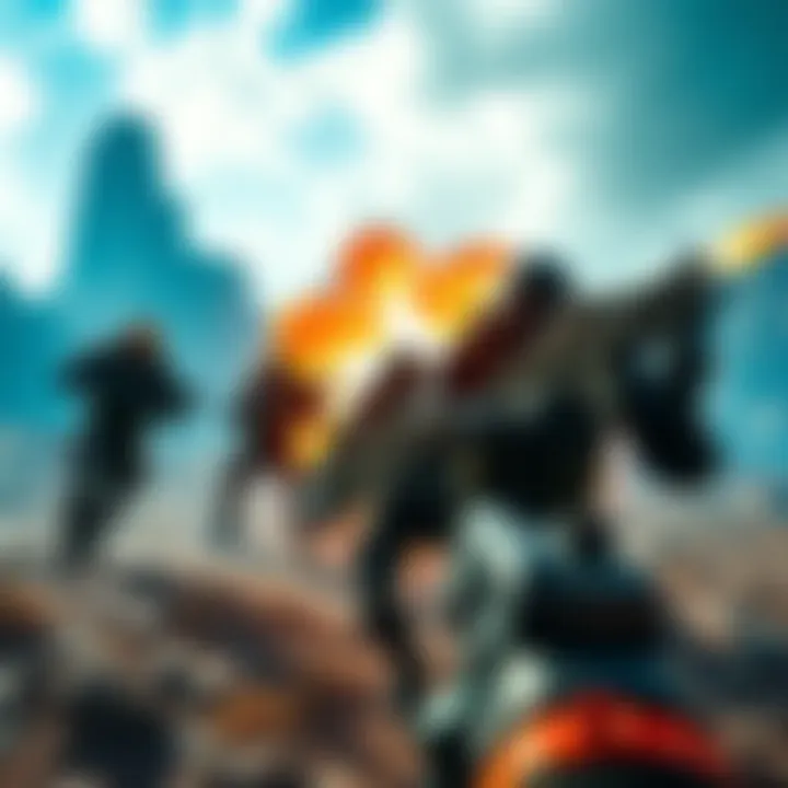 A player character facing off against NPCs armed with rocket launchers in a detailed game landscape.