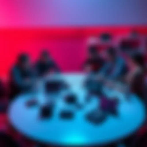 A group of people discussing new prototype gear and its optimization at a round table, with sketches and gadgets on the table.