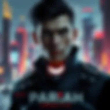 A conceptual art of Pariah, Elizabeth Greene's son, with a dark and mysterious look, depicting signs of power and potential influence in a futuristic city background.