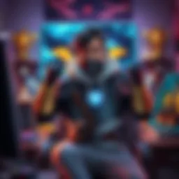 A dedicated gamer proudly displays their P100 Knight character in a gaming setup, surrounded by collectibles and trophies, highlighting their achievements.