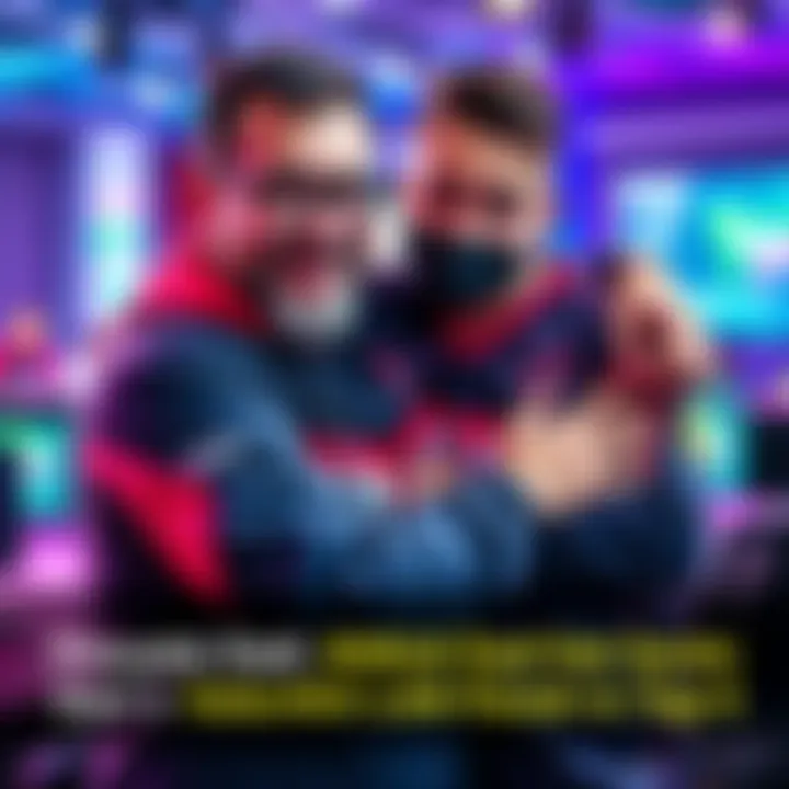 A father hugs his son, celebrating his achievement after a top 4 finish at a Valorant LAN tournament, both wearing gaming jerseys and beaming with pride.