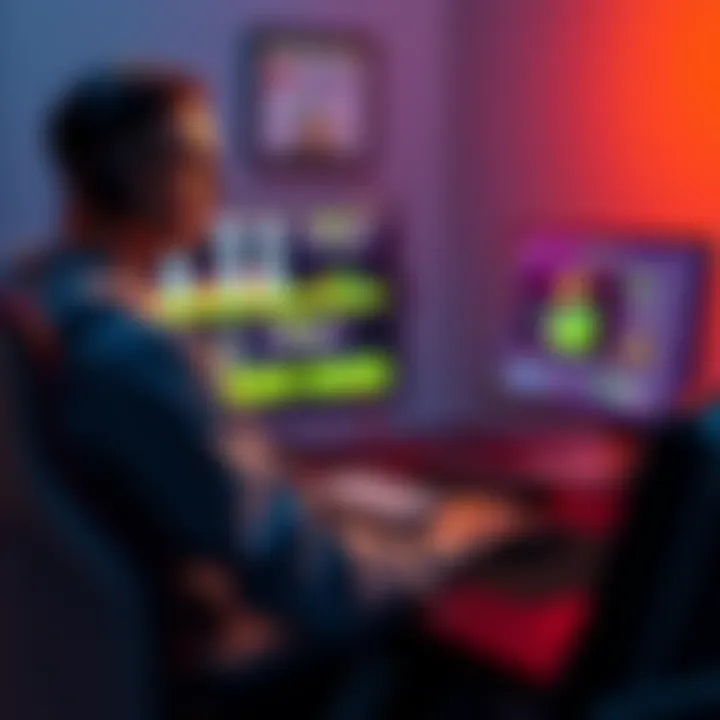 A person working on a computer, designing a retro PS1-style graphics game, with colorful pixel art on the screen.