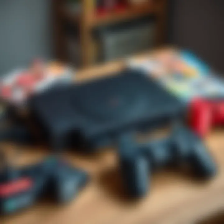 A PlayStation 2 console with original games and controllers displayed on a table