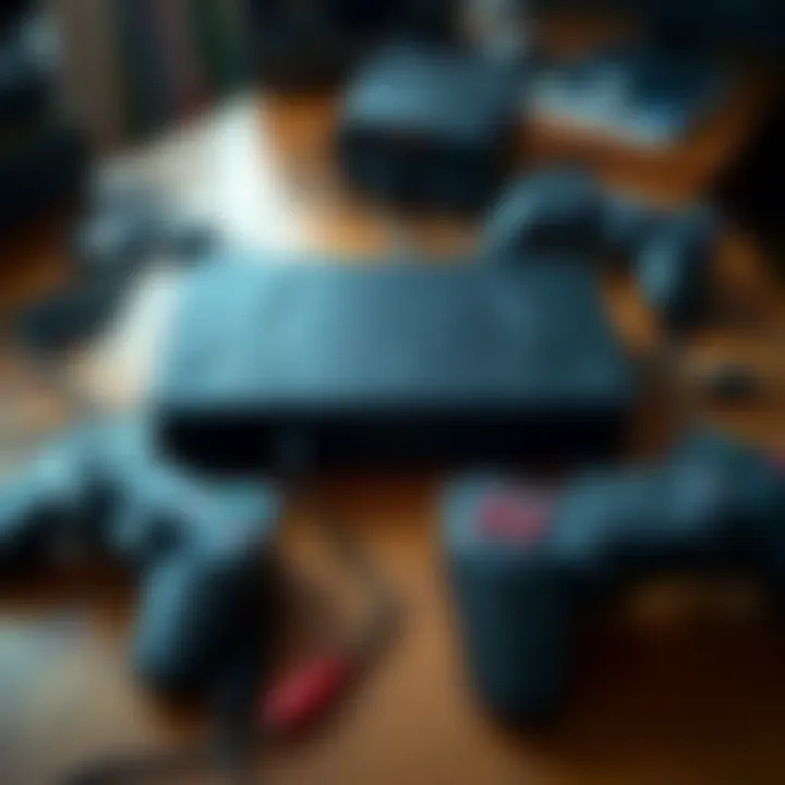 A used PS2 Fat console resting on a wooden table, showing signs of wear, surrounded by gaming controllers and cables.