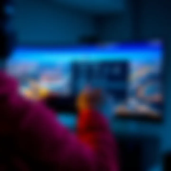 A gamer adjusting the settings on a PS4 connected to an ultra wide monitor for better resolution.
