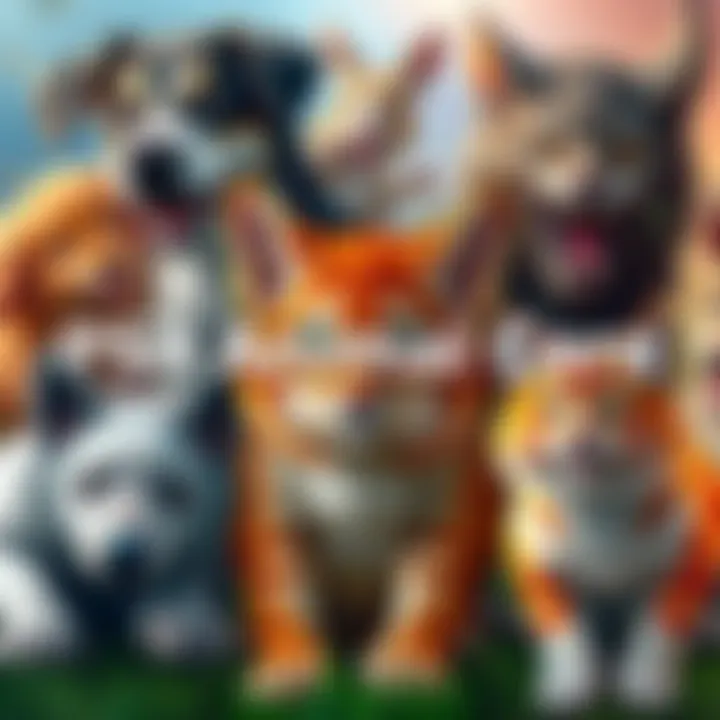 A colorful collage of animals including a dog, cat, and a mythical creature from popular PS4 games, showing scenes of caring and play