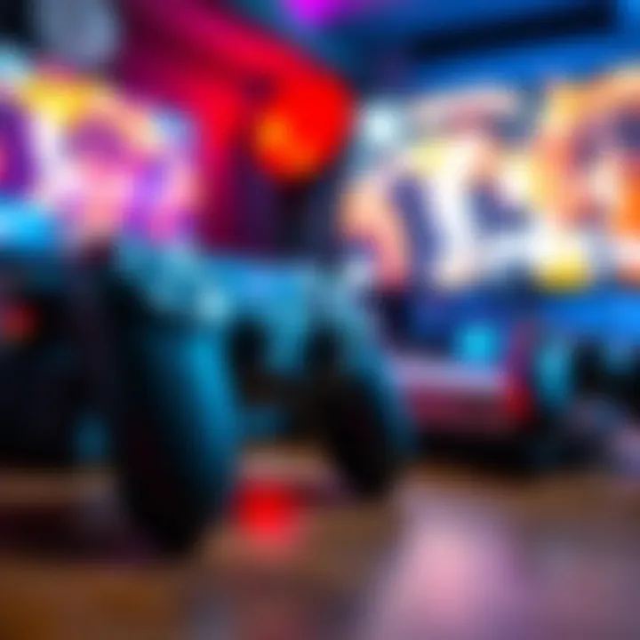 A close-up of a PS4 controller and console with a gaming setup in the background